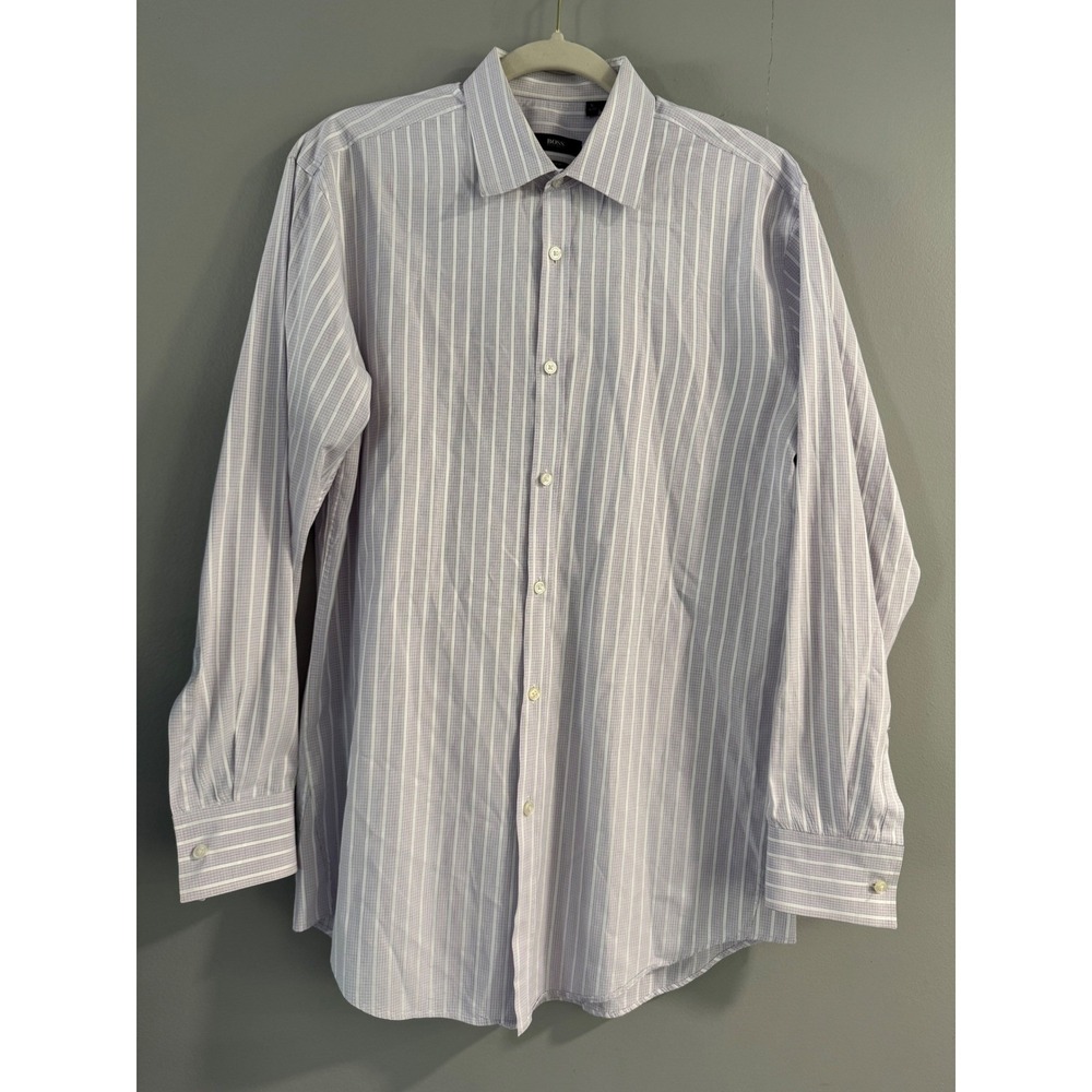 BOSS Hugo Boss Slim Fit Mens 16 32/33 Striped Dress Shirt Purple Long Sleeve